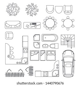 Collection Of Furniture And Equipment Top View For House Plan. Interior Icons Set For Bathrooms And Living Room, Kitchen And Bedroom. Vector Illustration.