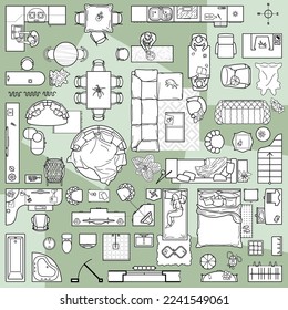 Colección de muebles y equipamiento de primera vista para el plan de la casa. Iconos interiores para baños y sala de estar, cocina y dormitorio (vista desde arriba). Plano de vectores para el plano de piso de apartamento