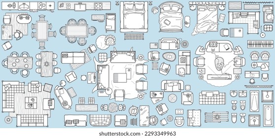 Colección de muebles y equipamiento de primera vista para el plan de la casa. Iconos interiores para baños y sala de estar, cocina y dormitorio (vista desde arriba). Plano de vectores para el plano de piso de apartamento