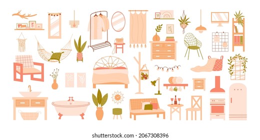 Collection of furniture and home decor in boho style. Vector flat illustration. Modern interior items: sofa, armchair, houseplant, lamp, shelf, bed, fridge, mirror, bath