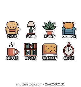 Collection of furniture and home decor icons isolated on white background