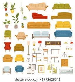 Collection of furniture illustrations. Bundle of furnishings designs with sofa, table, armchair, lamp, house plants. Set of flat cartoon vector illustrations isolated on white background