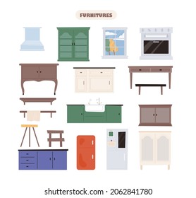 A collection of furniture in the kitchen. flat design style vector illustration.