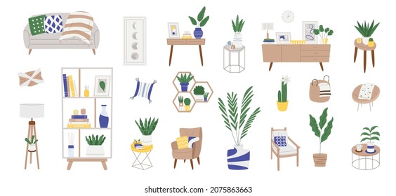 Collection of furniture in modern style with sofa, armchair, lamp, houseplant, dresser, table. Trendy vector illustration in flat style.