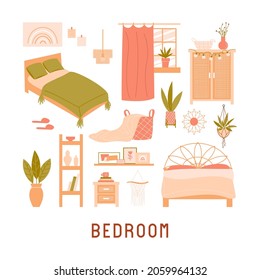 Collection of furniture on white background. Modern interior items for a bedroom:  bed, bedside table, chest, window, shelves, pictures, houseplant, lamp, chest. Vector flat illustration 