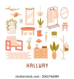 Collection of furniture on white background. Modern interior items for a hallway: hanger, mirror, armchair, carpet, chest, lamp, houseplant. Vector flat illustration