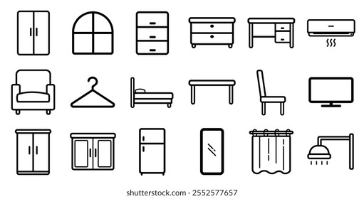 Coleção de móveis ícones de ilustração vetorial no fundo branco. Contém eletrodomésticos, como gabinete, gaveta, sofá, espelho, mesa, cadeira, mesa de estudo, chuveiro e alguns eletrônicos