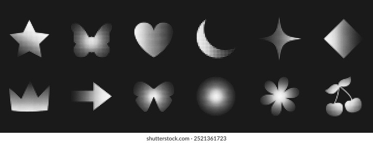 Collection of futuristic abstract shapes, retro halftone icons, y2k elements. Сollage design heart symbol, flower, butterfly, moon figures on black background. Vector illustration 