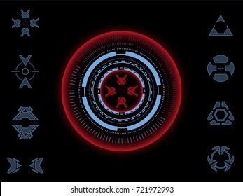 Collection of futuristic aiming crosshairs. For games and photo or video footage overlays. User interface HUD.