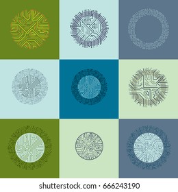 
Collection of futuristic cybernetic schemes, vector motherboards. Circular elements with circuit board texture.
