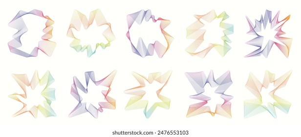 Collection of futuristic cyberpunk style element vector. Geometric wireframe of distortion, grid with gradient color. Retro graphic on white background for decoration, cove, poster, business.