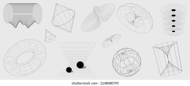 Collection of futuristic cyberpunk style elements. Geometric wireframe of circle, earth, distortion, grid with black color. Retro elements graphic perfect for decoration, business, cover, poster.