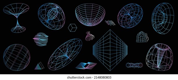 Collection of futuristic cyberpunk style elements. Geometric wireframe of circle, earth, distortion, grid with gradient color. Retro graphic design perfect for decoration, business, cover, poster.