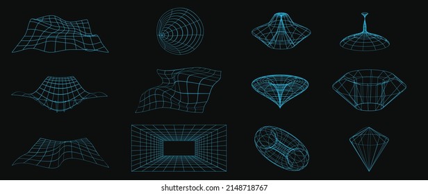 Colección de elementos futuristas de estilo ciberpunk. Armazón geométrico de círculo, tierra, distorsión, rejilla de color azul. Retro gráfico sobre fondo negro para decoración, negocios, portada, afiche.