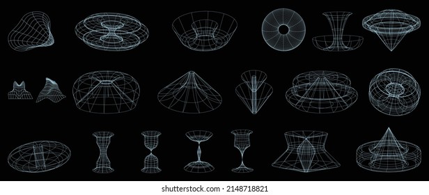 Collection of futuristic cyberpunk style elements. Geometric wireframe of circle, earth, distortion, grid with blue color. Retro graphic on black background for decoration, business, cover, poster.