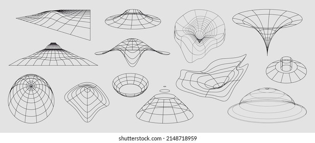 Collection of futuristic cyberpunk style elements. Geometric wireframe of circle, earth, distortion, grid with black color. Retro graphic design perfect for decoration, business, cover, poster.