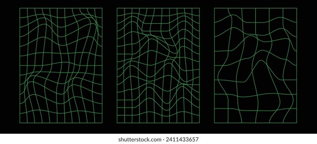 Collection of futuristic cyberpunk style elements. Geometric wireframe of square, distortion, grid with neon green color. Retro graphic on black background for decoration, business, cover, poster.