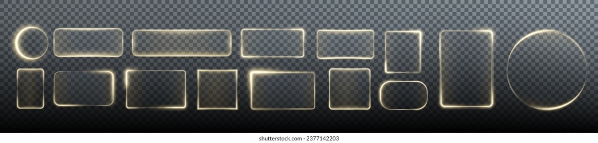 Collection of futuristic gold frames. Technology background. Set of glowing yellow glass rectangular, square and round frames on a dark background. Neon light screens. Vector png.	