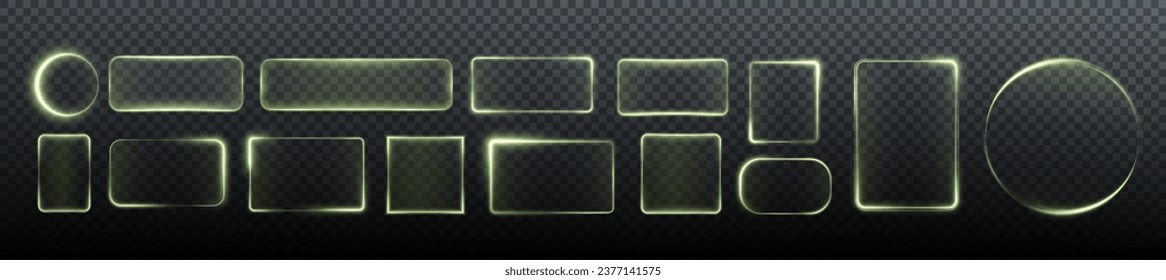 Collection of futuristic green frames. Technology background. Set of glowing green glass rectangular, square and round frames on a dark background. Neon light screens. Vector png.	
