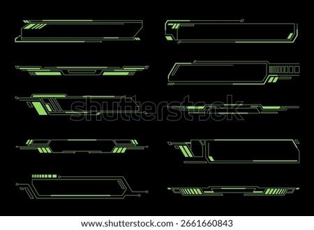 Collection of futuristic high tech design frames and banners green line art creates  cyberpunk for digital interfaces heads up displays HUD gaming elements technology themed motion graphics
