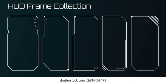 Uma coleção de quadros de HUD (Heads-Up Display) futuristas em um estilo mínimo de interface digital. Esses elementos de UI de alta tecnologia são ideais para jogos de ficção científica, painéis, interfaces virtuais e tecnologia.