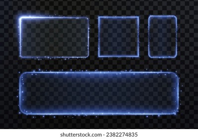  Collection of futuristic hud light blue frame powder size dust. Technological background. Light glass blue frames square, oval, rectangle, circle. HUD PNG. Vector Illustration.