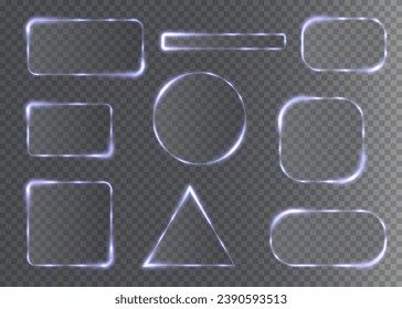 Collection of futuristic hud light frame. Technological background. Light glass frames square, oval, rectangle, triangle, circle. Vector illustration. Eps 10.