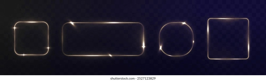 Collection of futuristic hud light gold frame. Technological background. Light glass blue frames square, oval, rectangle, circle. HUD PNG. Vector Illustration.	
