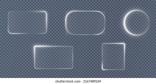 Collection of futuristic hud light white frame. Technological background. Light glass white frames square, oval, rectangle, circle. HUD PNG. Vector Illustration.