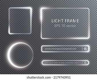 Collection of futuristic hud light white frame. Technological background. Light glass white frames square, oval, rectangle, circle. HUD PNG. Vector Illustration.