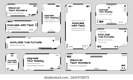 A collection of futuristic hud text box frames and tech elements. Digital user interface design for innovation and data visualization. Vector graphics.