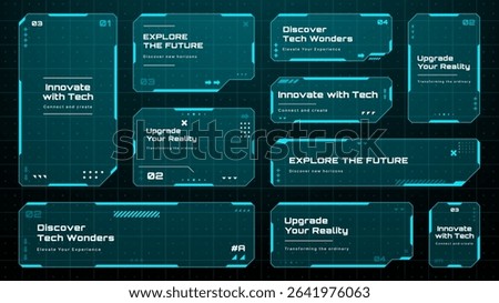Collection of futuristic HUD text box frames and panels for digital display. Interface layout for data and technology concept. Vector graphics.