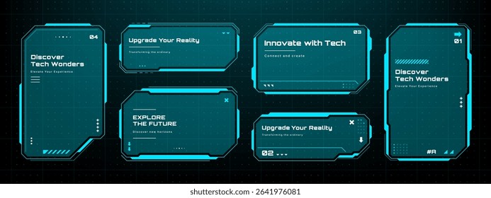 Collection of futuristic HUD text frames and information boxes for sci-fi UI and digital display elements. Vector graphics.