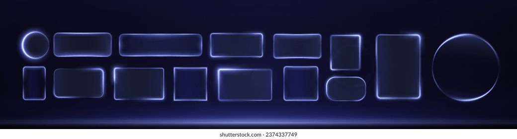 Collection of futuristic neon frames. Technology background. Set of glowing blue glass rectangular, square and round frames on a dark background. Neon light screens. Vector png.