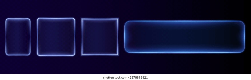 Collection of futuristic neon frames. Technology background. Set of glowing blue glass rectangular, square and round frames on a dark background. Neon light screens. Vector png.	
