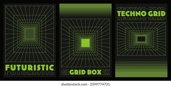 Collection of futuristic perspective grid box posters with green wireframe tunnel effect. Abstract techno grid design. Virtual reality landscape in 80s 90s digital style. Vector illustration.