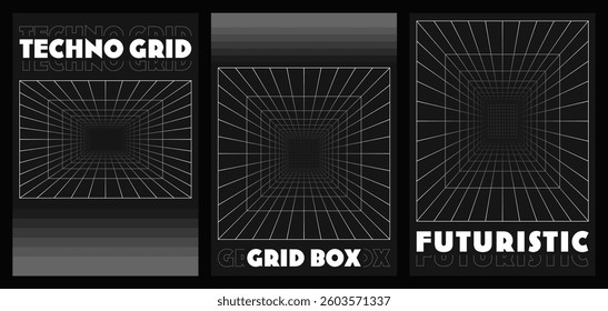 Collection of futuristic perspective grid box posters with white wireframe tunnel effect. Abstract techno grid design. Virtual reality landscape in 80s 90s digital style. Vector illustration.