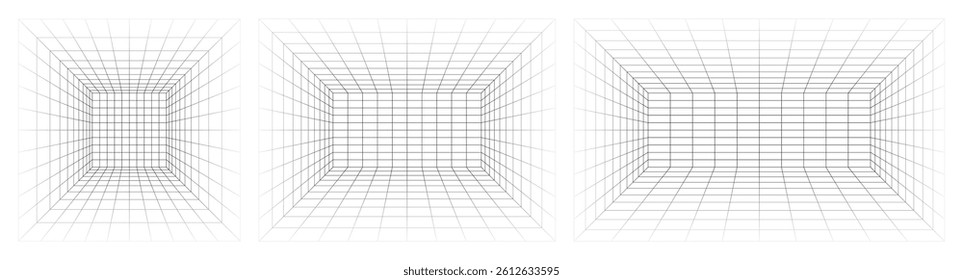 Collection of futuristic perspective grid box. Abstract wireframe with black grid line on white background. Virtual reality landscape in 80s 90s digital style. Vector illustration.