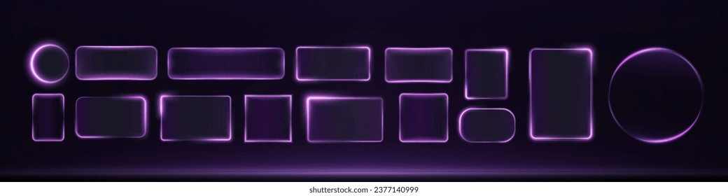 Collection of futuristic pink frames. Technology background. Set of glowing neon pink glass rectangular, square and round frames on a dark background. Neon light screens. Vector png.	