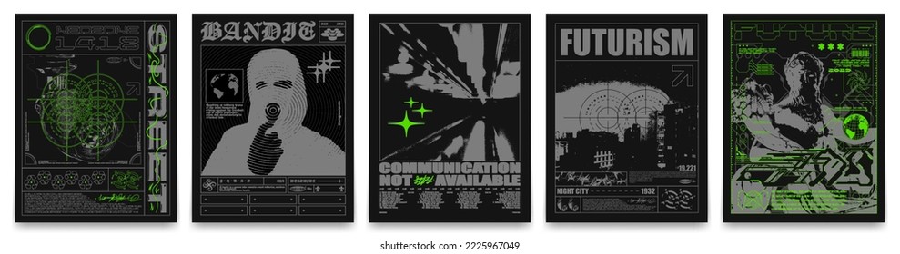 Collection of futuristic posters. Techno style stylish prints for streetwear, print for t-shirts and sweatshirts isolated on black background