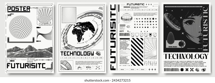 A collection of futuristic technology-themed posters featuring digital illustrations, graphs, and wireframes. Futuristic Technology Poster Set with Digital Elements in Retro futuristic acid style.