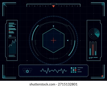 Eine Sammlung futuristischer UI-Elemente, einschließlich eines Radars, Graphen und Datenlesevorgängen, die auf dunklem Grid-Hintergrund präsentiert werden und eine High-Tech-Schnittstelle hervorrufen.
