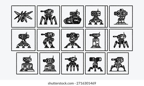 Collection of futuristic war machine concept art in black and white