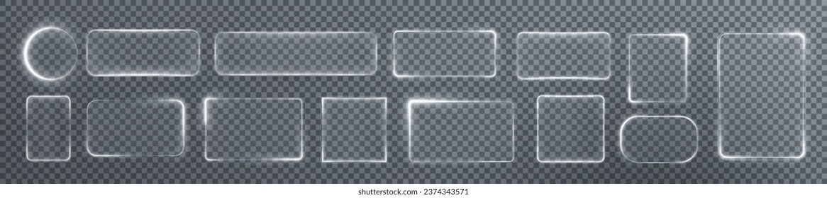 Collection of futuristic white frames. Technology background. Set of glowing light glass rectangular, square and round frames on a dark background. White light screens. Vector png.	
