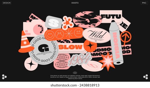 Collection futuristic y2k patches, labels, tags, stickers, bracelet stamps in retro style. Stickers in funky hipster grunge 90s style. Vector set, trendy promo labels