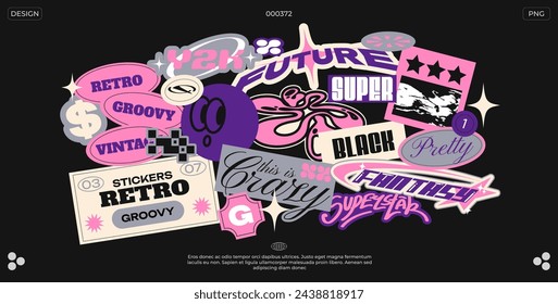 Collection futuristic y2k patches, labels, tags, stickers, bracelet stamps in retro style. Stickers in funky hipster grunge 90s style. Vector set, trendy promo labels