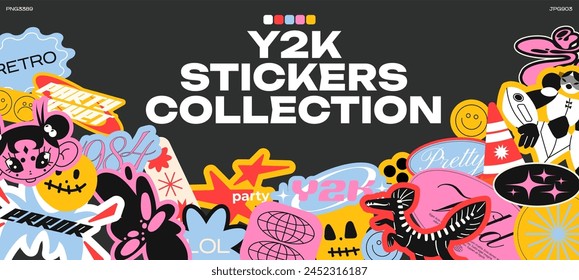 Collection futuristic y2k patches, labels, tags, stickers, bracelet stamps in retro style. Stickers in funky hipster grunge 90s style. Vector set, trendy promo labels