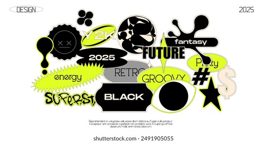 Collection futuristic y2k patches, labels, tags, stickers, bracelet stamps in retro style. Stickers in funky hipster grunge 90s style. Vector set, trendy promo labels