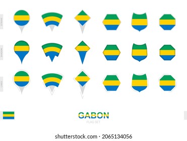 Collection of the Gabon flag in different shapes and with three different effects. Vector flag set.