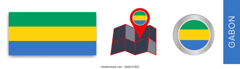 Collection of Gabonese national flags isolated in official colors and a map icon of Gabon with a country flag.
